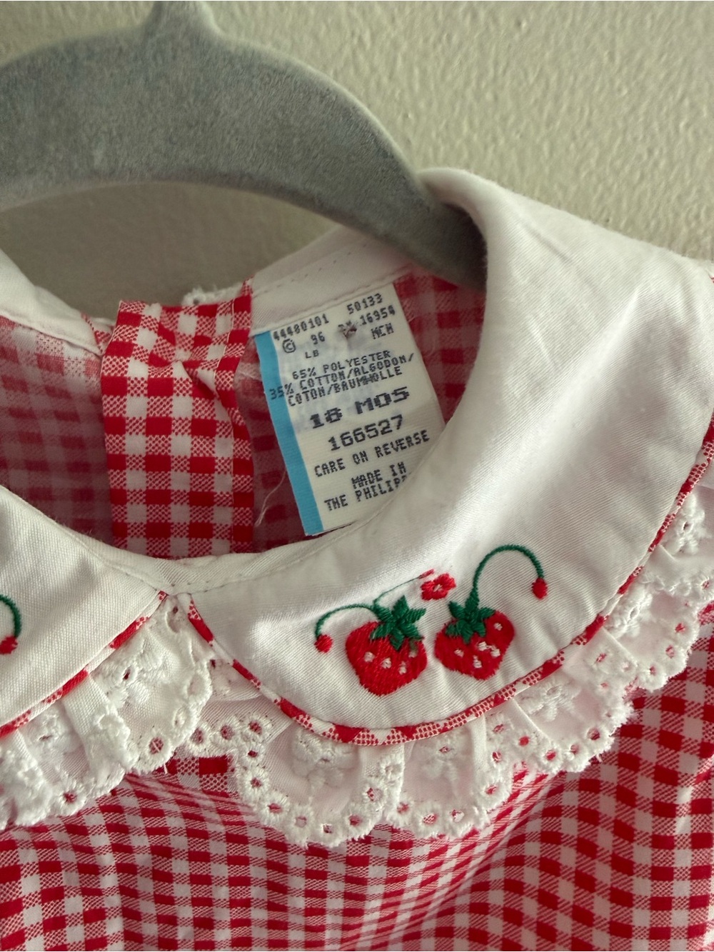 Vintage Paper Tag Strawberry Red White Gingham Shirt Puff Sleeve Lace Collar - Picture 4 of 5